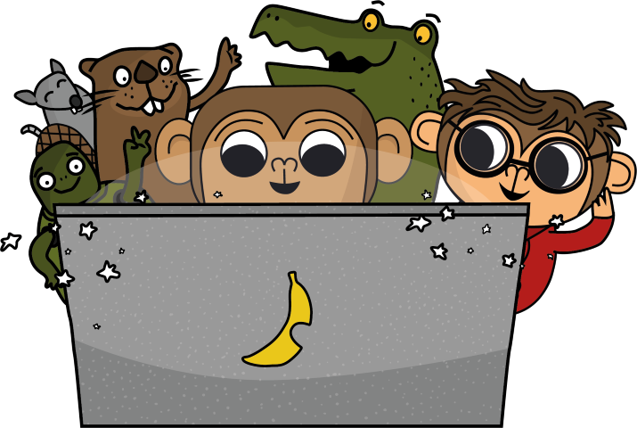 Kismajmok és a főbb karakterek egy laptop előtt