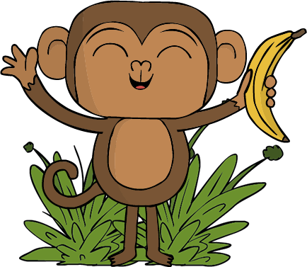 Egy mosolygós kismajom üdvözöl banánnak a kezében